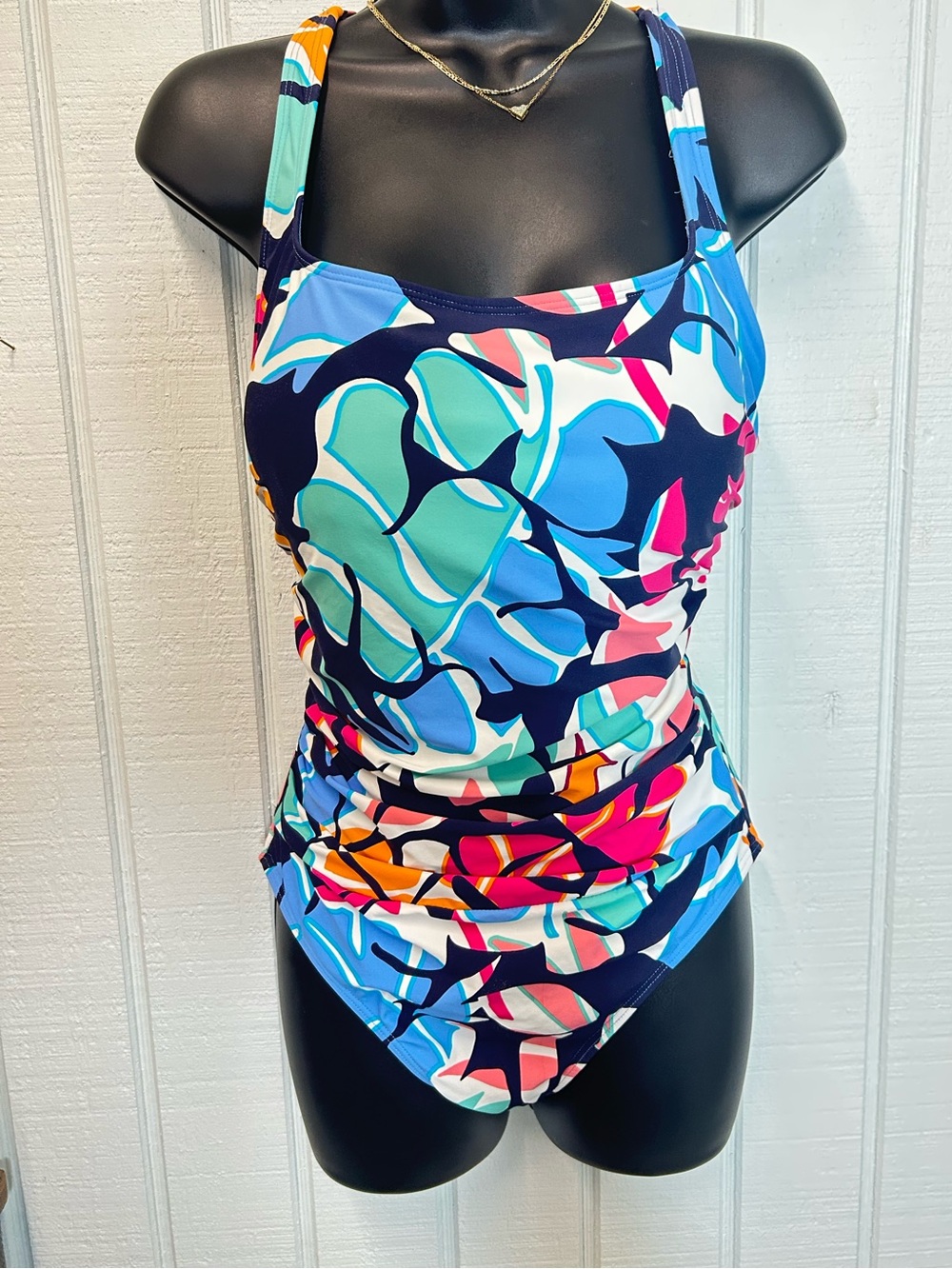 Nautica Navy Multi-Color Abstract One-Piece Swim Bodysuit